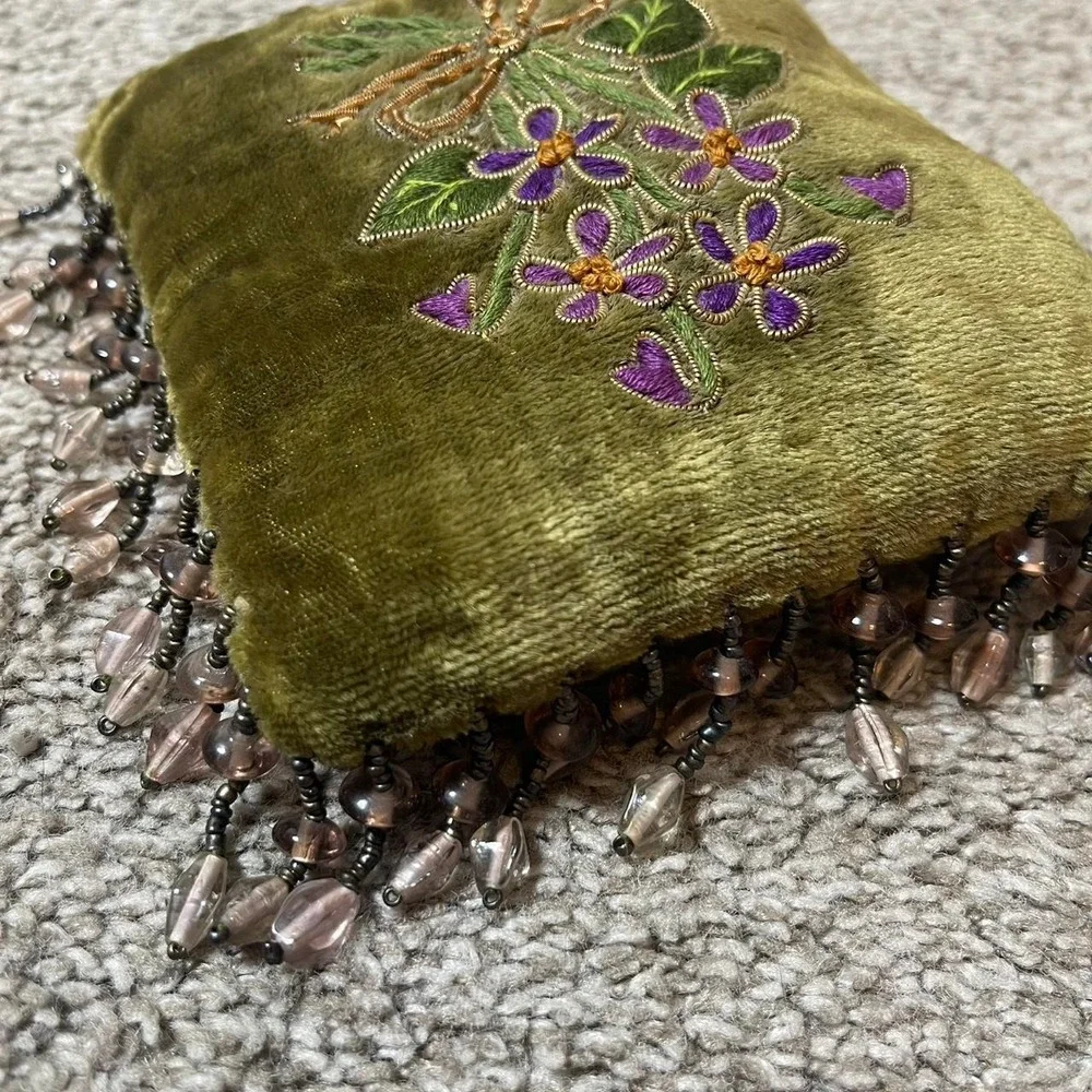 Green velvet beaded miniature pillow with floral embroidery